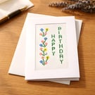 Handmade Cross Stitch Happy Birthday Card - Embroidered Wildflowers Design
