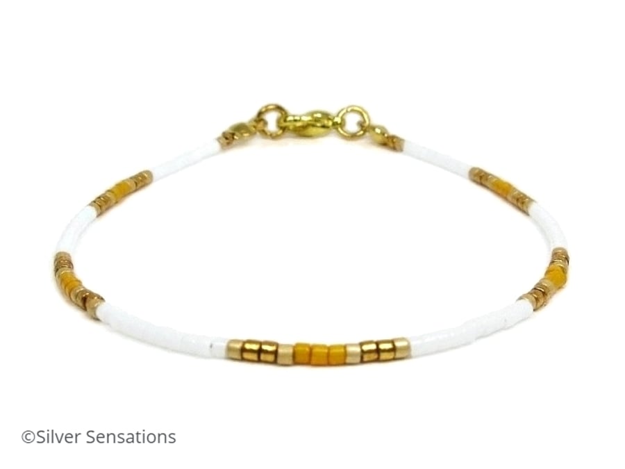 White, Gold & Orange Surfer Seed Beads Anklet, Boho Fashion - 9" - 14"