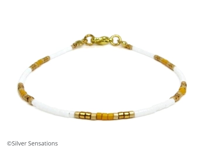 White, Gold & Orange Surfer Seed Beads Anklet, Boho Fashion - 9" - 14"