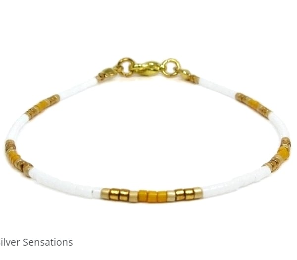 White, Gold & Orange Surfer Seed Beads Anklet, Boho Fashion - 9" - 14"