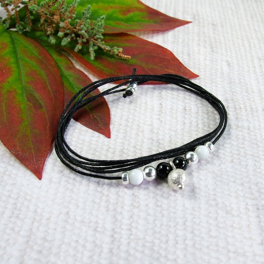 Dusted Silver Bead Necklace or Wrap Bracelet on Waxed Cord with Shell & Agate