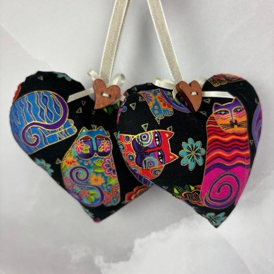 Handmade cats hanging fabric hearts set of 2