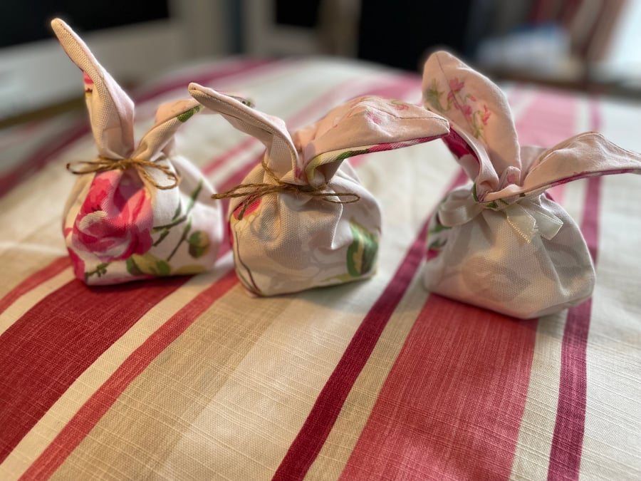 Hand Made Reversible Bunny Bags made with recycled materials - White Floral  WF1