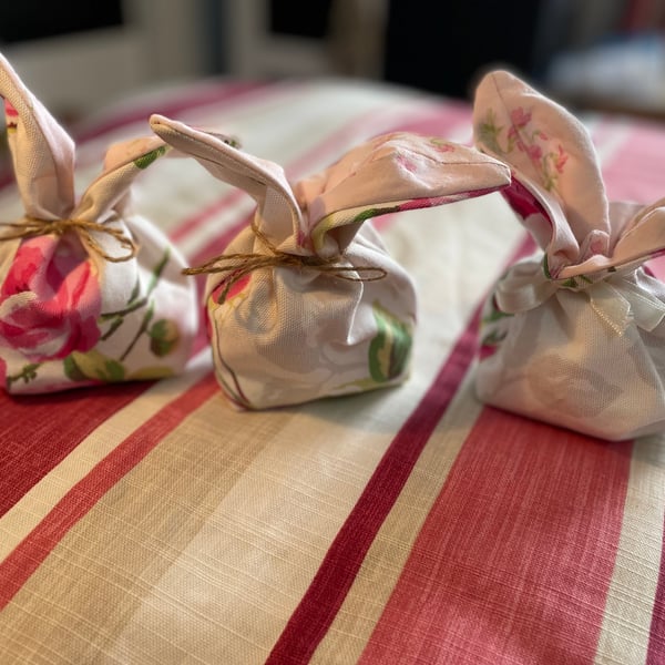 Hand Made Reversible Bunny Bags made with recycled materials - White Floral  WF1