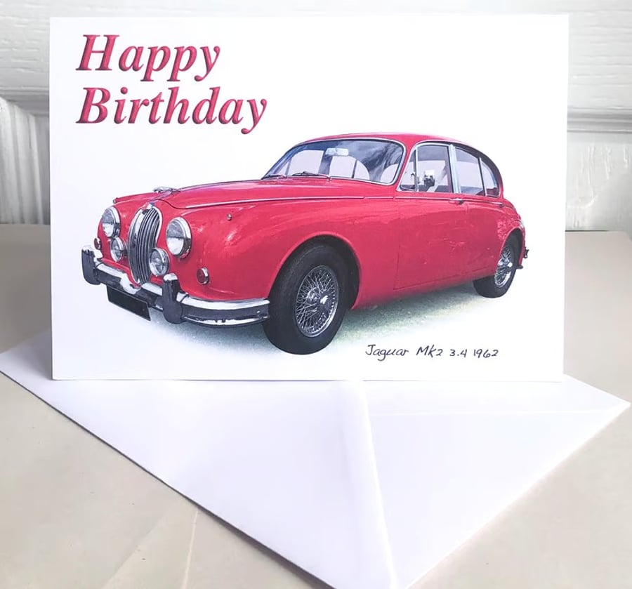 Jaguar Mk2 3.4 1962 (Red) - Birthday, Anniversary, Retirement or Plain Card
