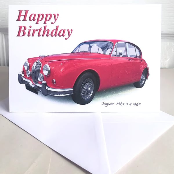 Jaguar Mk2 3.4 1962 (Red) - Birthday, Anniversary, Retirement or Plain Card