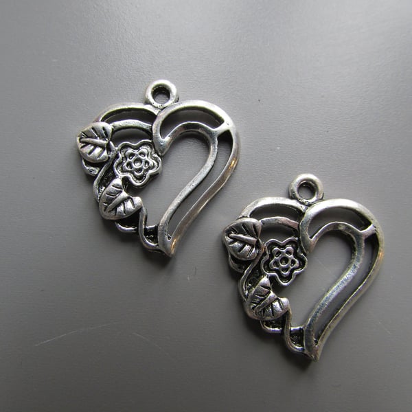 Silver Floral Heart Tibetan Jewellery Charm x 2