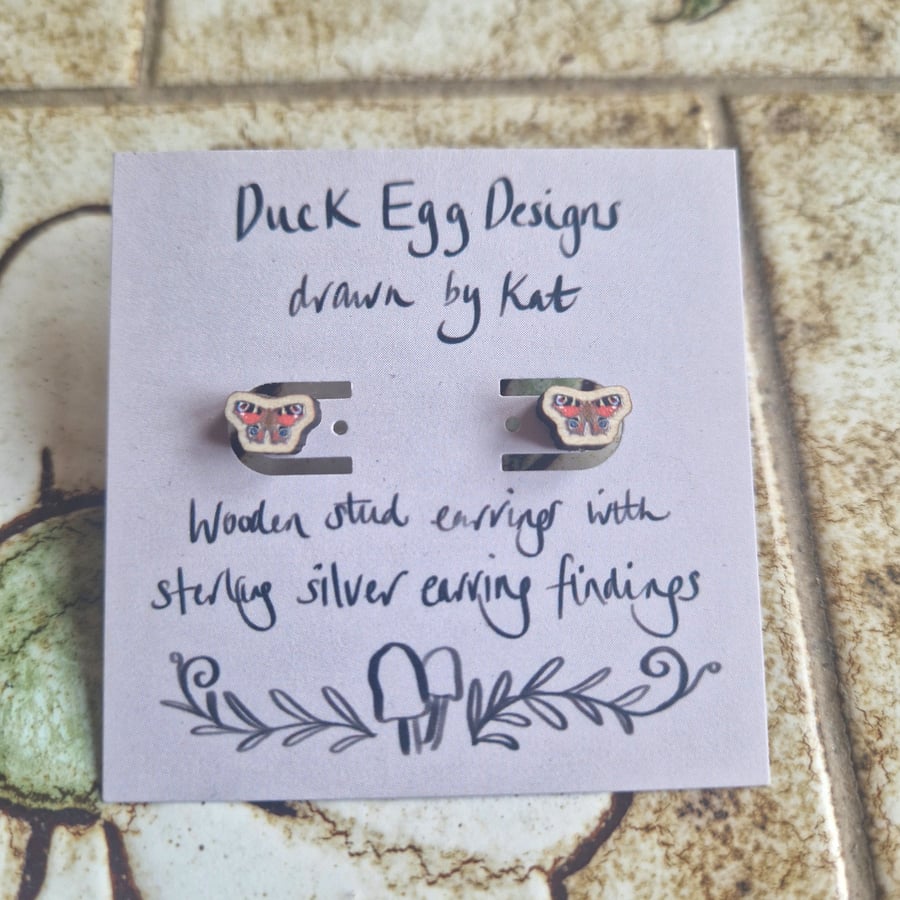Peacock Butterfly Wooden Stud Earrings