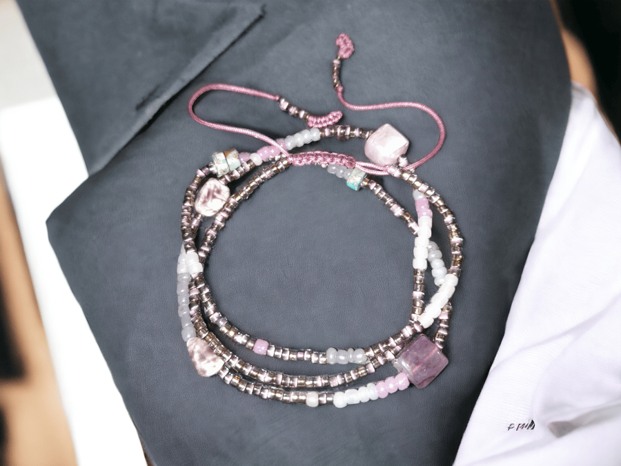 Delicate pink tone, gold and turquoise boho wrap bracelet Adjustable 