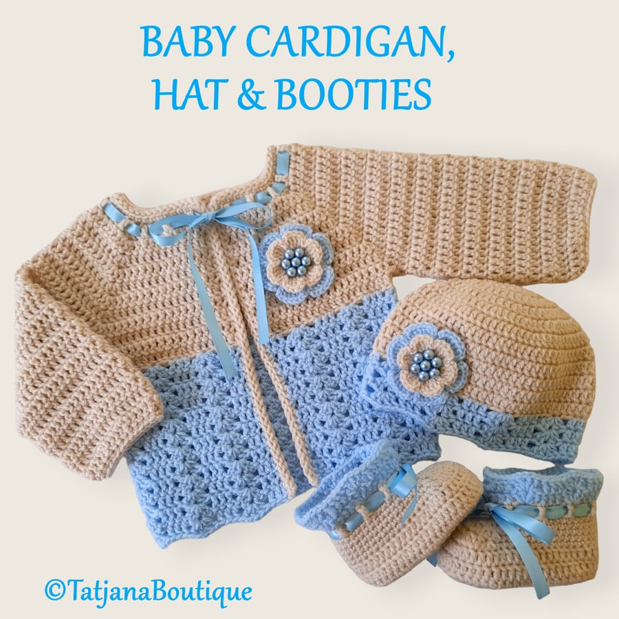 Crochet Pattern Baby Cardigan, Hat and Booties, PDF 179