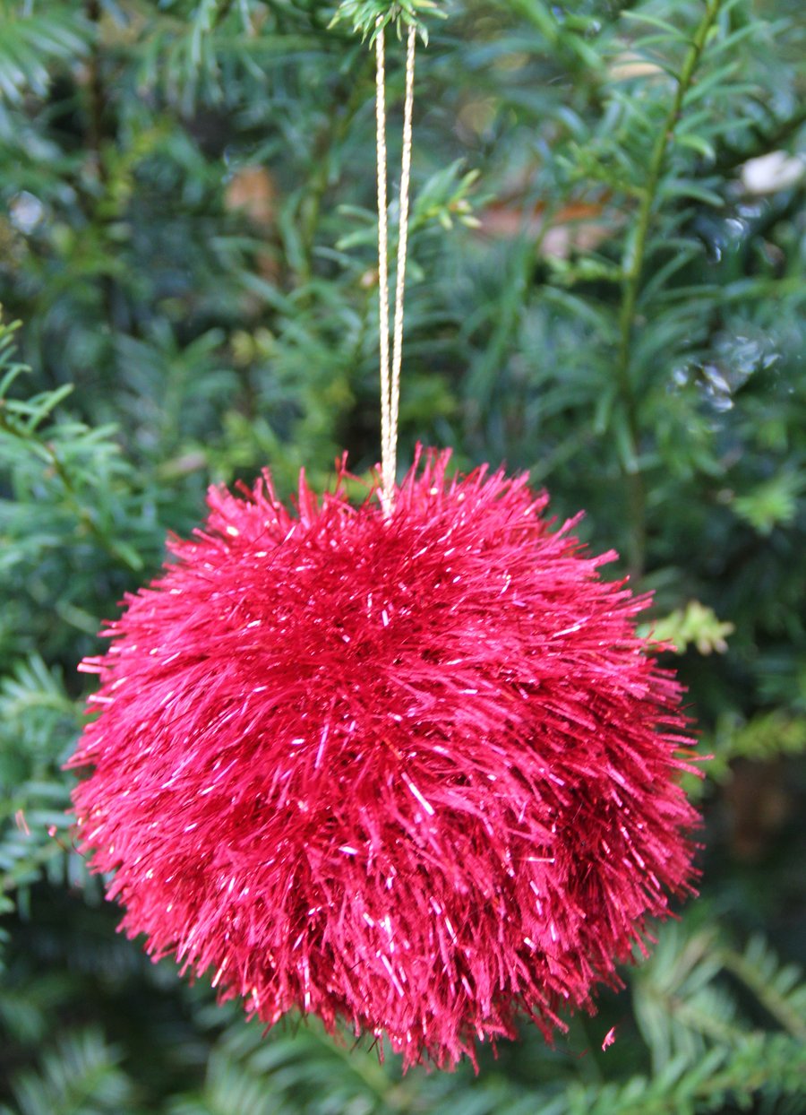 Hand Knitted Red Tinsel Bauble
