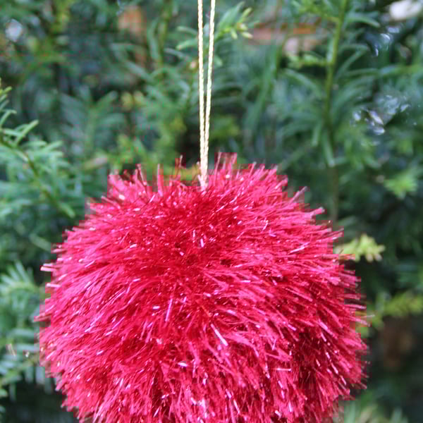 Hand Knitted Red Tinsel Bauble