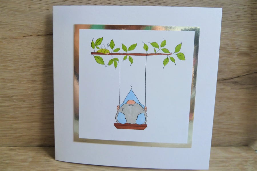 blue gnome on swing, happy birthday card