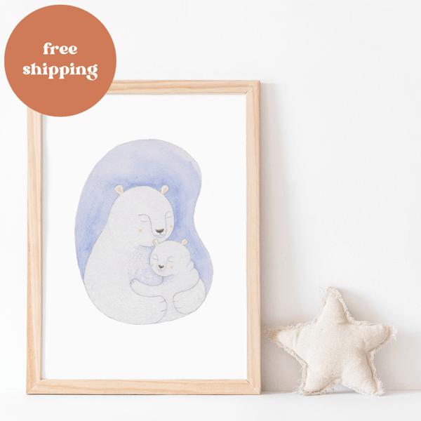 Cute Polar Bear with Cub, nursery and festive wall decor print: baby’s 1st Xmas