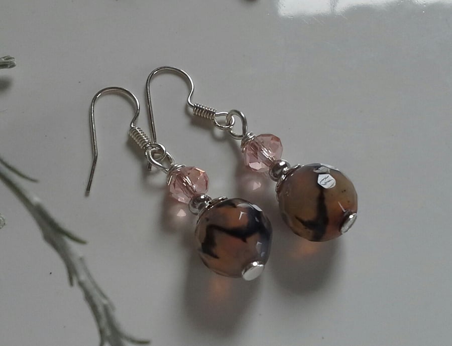 Snakeskin Agate & Crystal Silver Plated Earrings