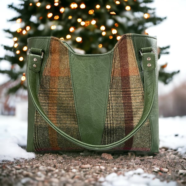 Green Leather and Tweed Handbag - Luxe Christmas Gift