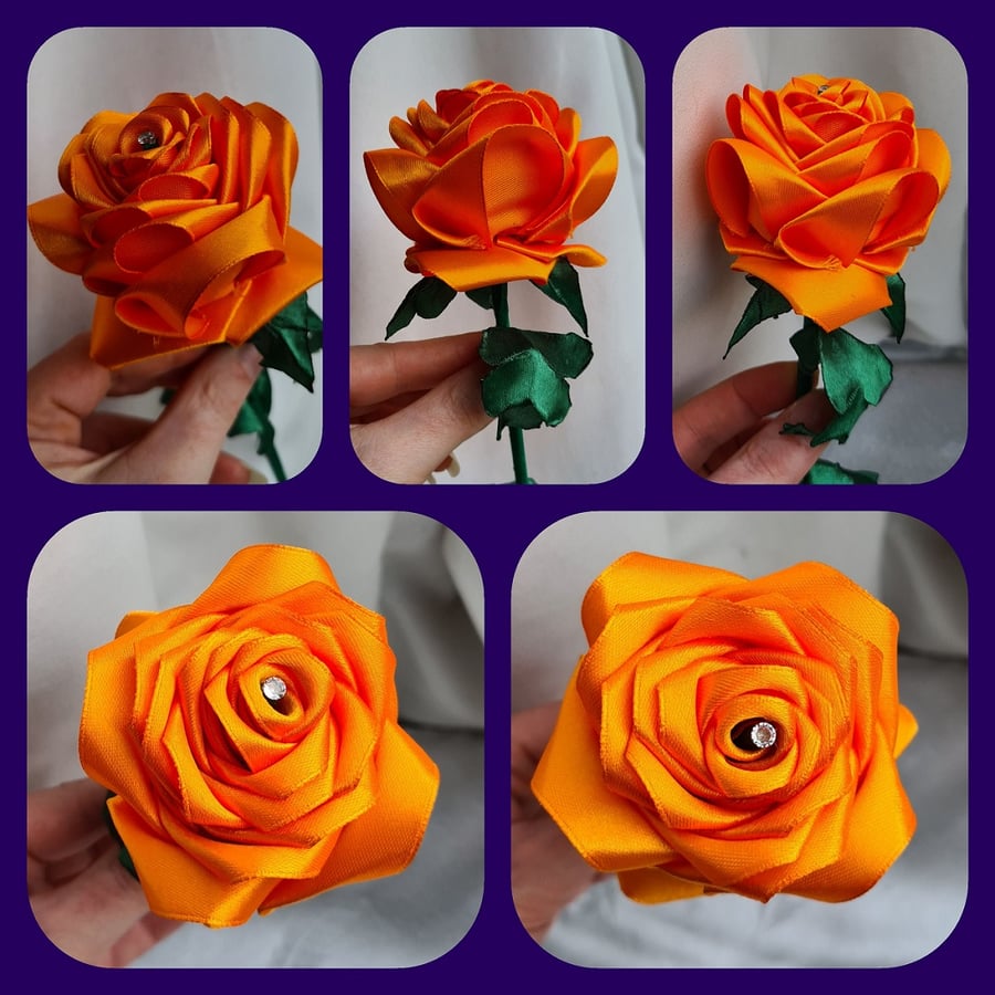 Gorgeous Handmade Orange Ribbon Rose - Long Stem Artificial Forever Flower Gift.