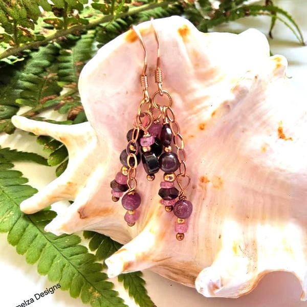 Designer Ruby, Pink Sapphire,  Rhodolite Garnet, Rose Gold Vermeil Earrings
