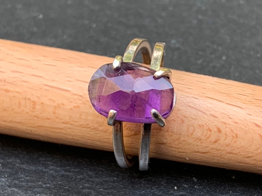 Unique Claw Set Amethyst on a Sterling Silver Ring (Size N to O)