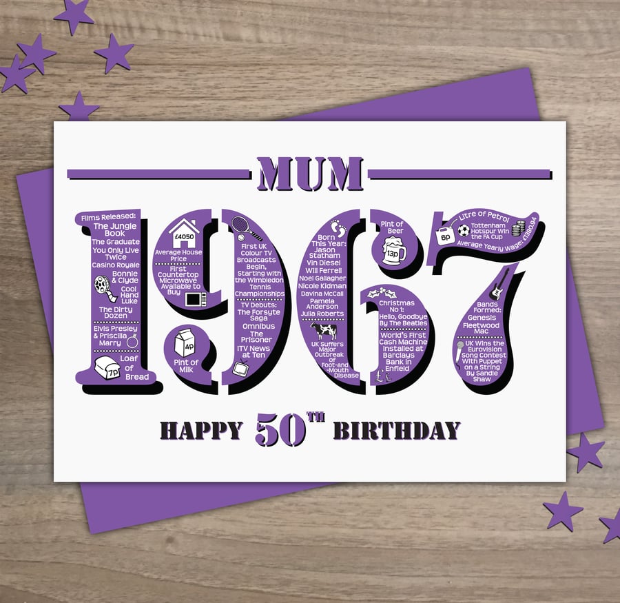 Happy 50th Birthday Mum Year of Birth Greetings Card - Born in 1967 - Facts A5