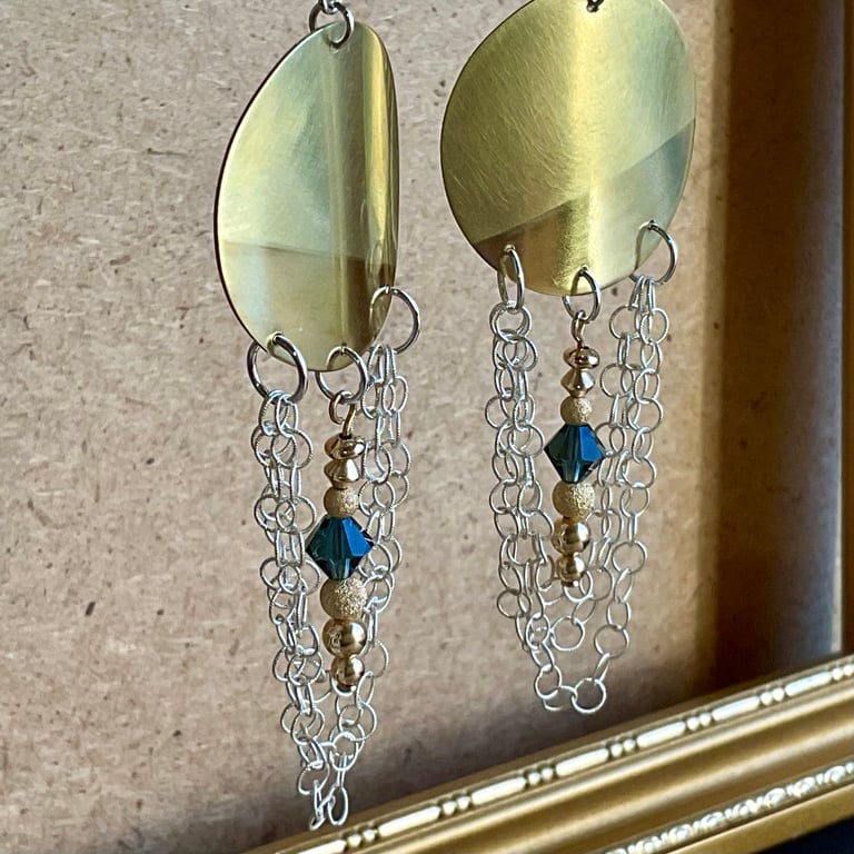 Gold silver & blue bohemian earrings
