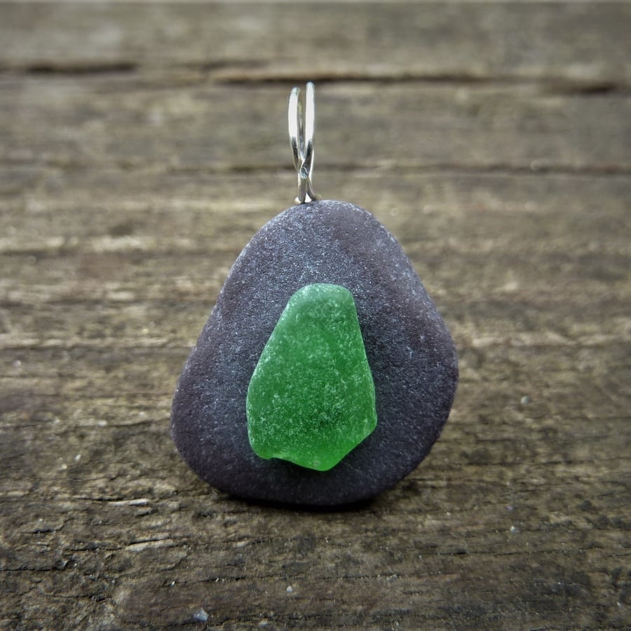 Pendant - green sea glass on small purple beach pebble  