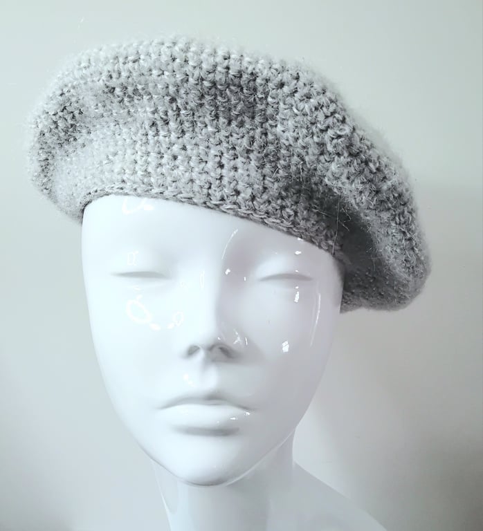 Crochet Wool and Mohair Beret in Light Grey with Pink Lining