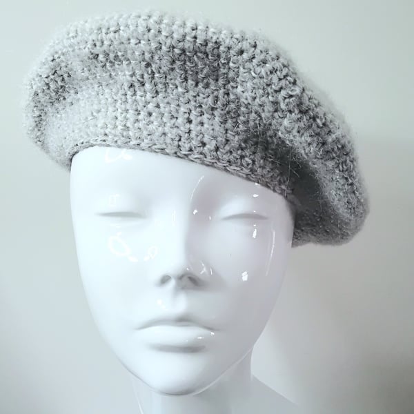 Crochet Wool and Mohair Beret in Light Grey with Pink Lining