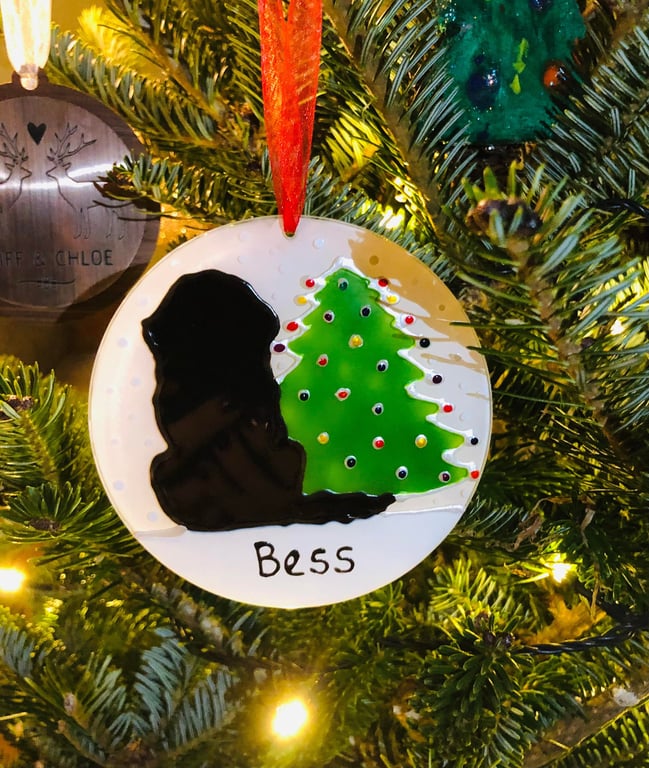 Newfoundland Dog Christmas sun catcher decoration. Hand painted glass.