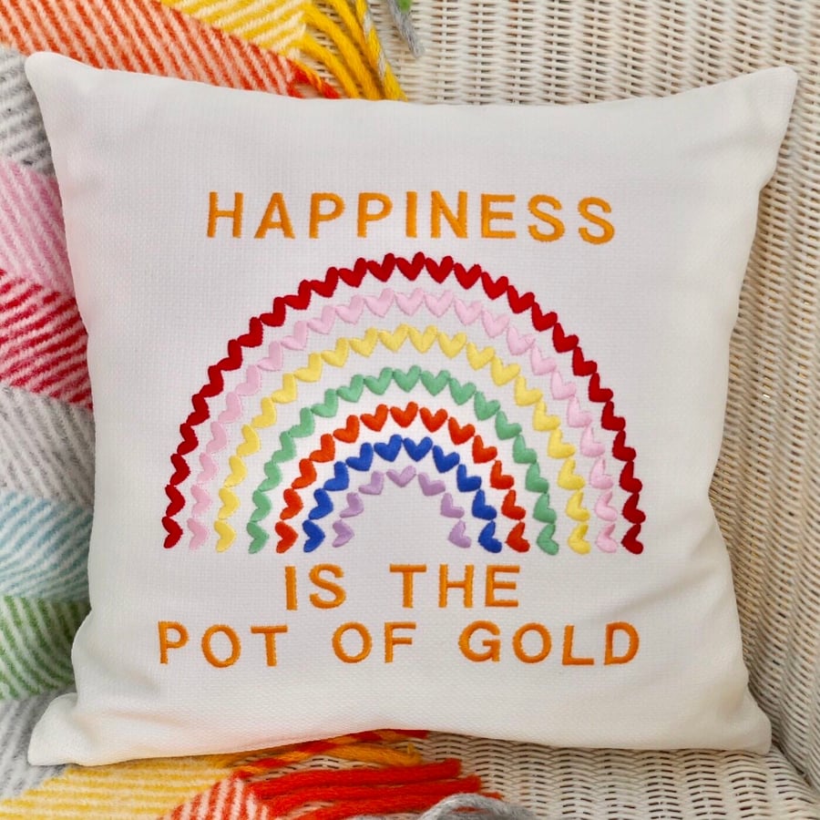 Cushion: Embroidered Rainbow & Happiness 33cm (13”), with pad 