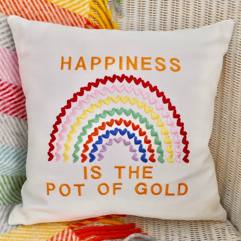 Cushion: Embroidered Rainbow & Happiness 33cm (13”), with pad 