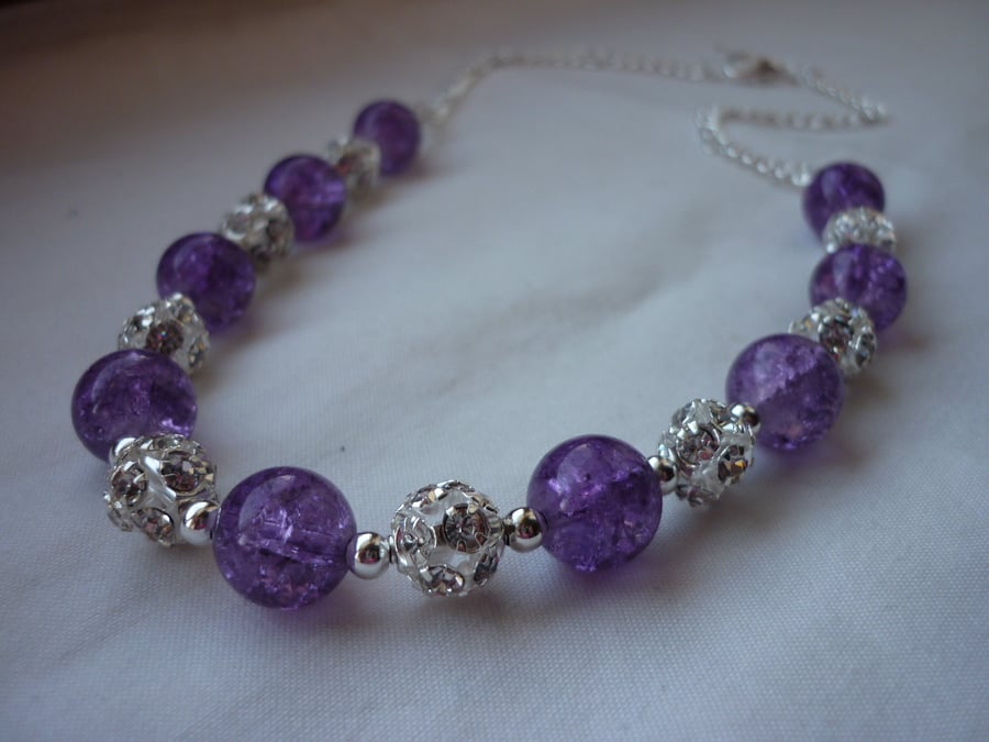 PURPLE, SILVER AND RHINESTONE, NECKLACE, BRACELET AND EARRING SET.  704