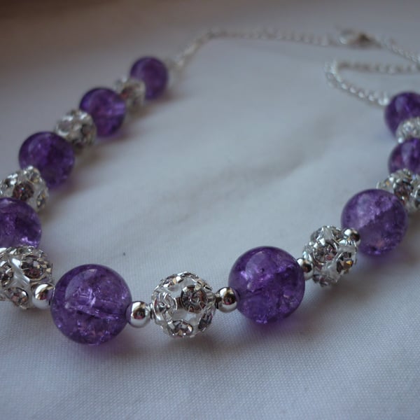 PURPLE, SILVER AND RHINESTONE, NECKLACE, BRACELET AND EARRING SET.  704