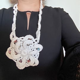 Chunky crochet white necklace with multicolour beads