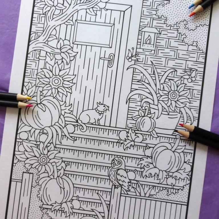 Front Doorway In Autumn A4 Colouring Page Printable JPG by S Godwin Studio