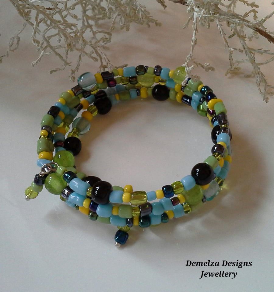 Green Multicoloured Vibrant Wrap Seed Bead Bracelet (HELP A CHARITY)