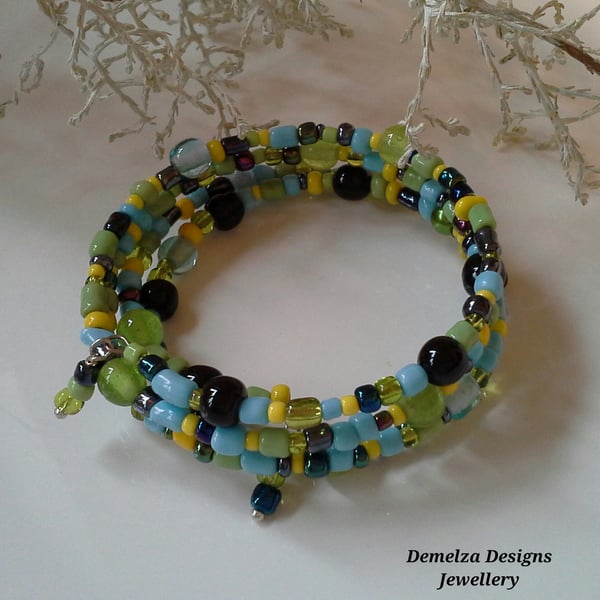 Green Multicoloured Vibrant Wrap Seed Bead Bracelet (HELP A CHARITY)