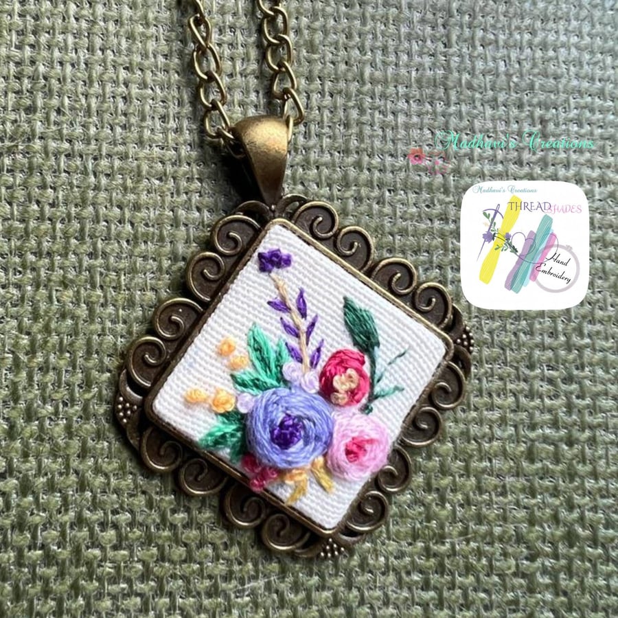 Embroidery necklace, square shape pendant, floral embroidery, bronze setting, ha