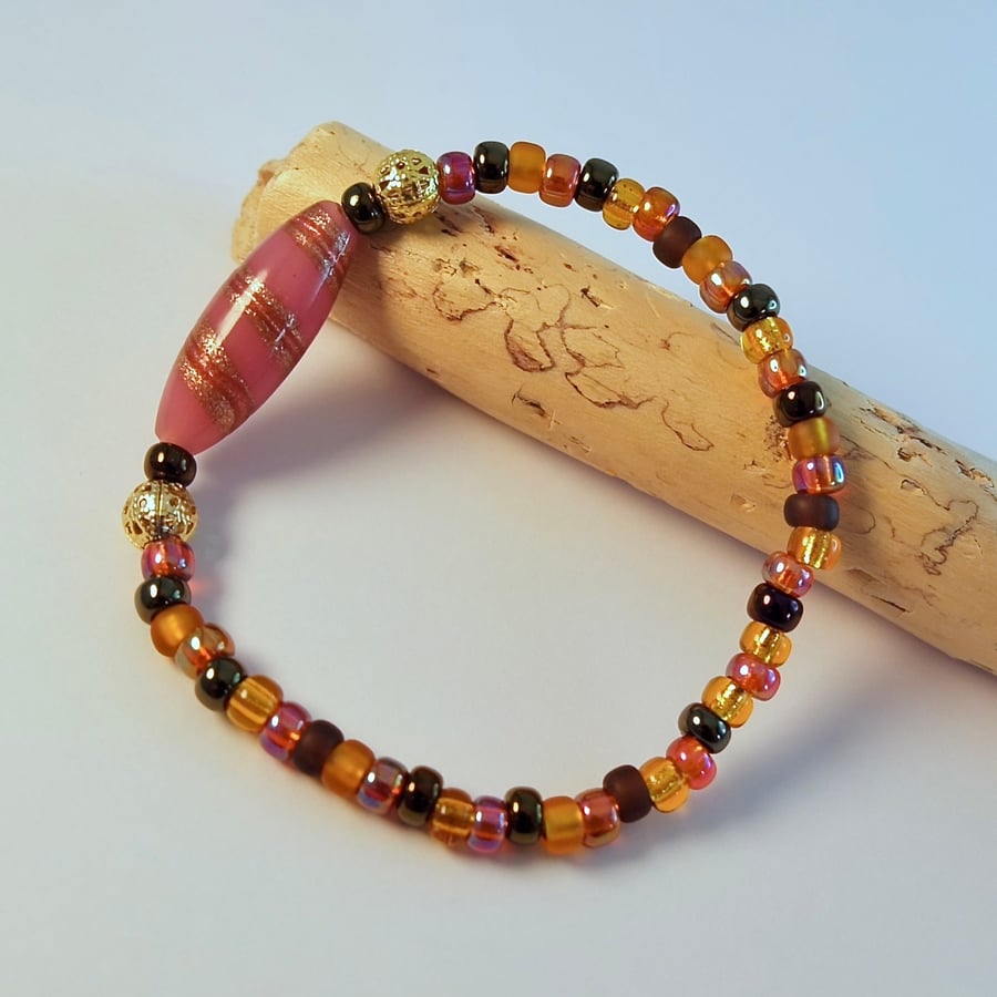 Glass Beaded Bracelet With Pink Focal Bead, Birthday, Anniversary, Gifts For Her