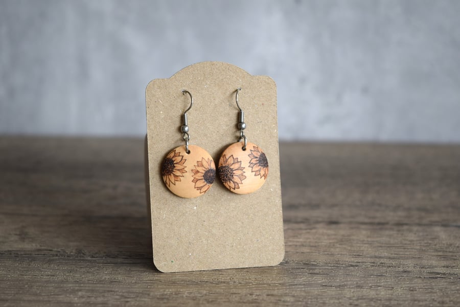 Wooden Pyrography Earrings - Sunflowers 