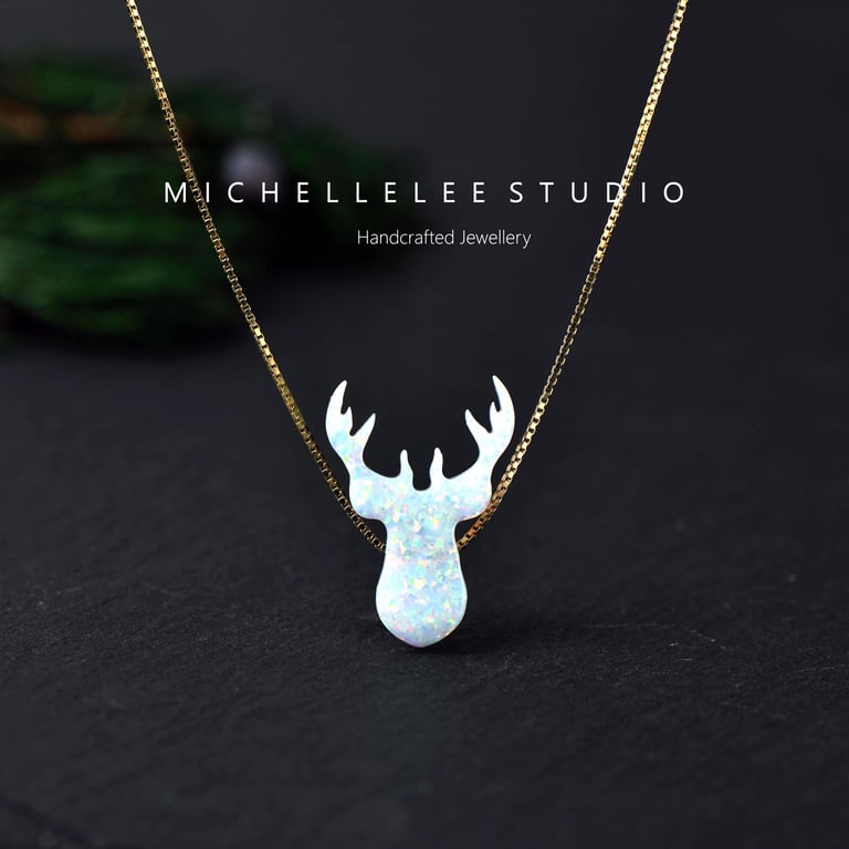 White Opal Stag Head Necklace With Sterling Silver Chain