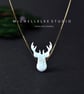 White Opal Stag Head Necklace with Sterling Silver Chain