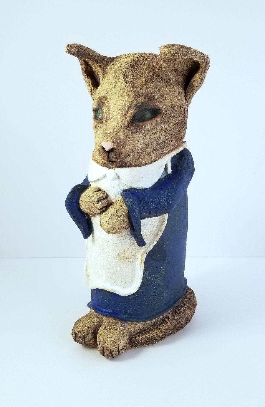Sculpture Cat Ceramic animals, dressed up in blue coat & white apron