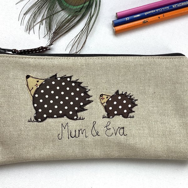 Personalised Hedgehog Pencil Case - Customisable Pen Art Case Mum and Baby Gift
