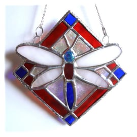 Dragonfly Framed Stained Glass Suncatcher Red White Blue Tile