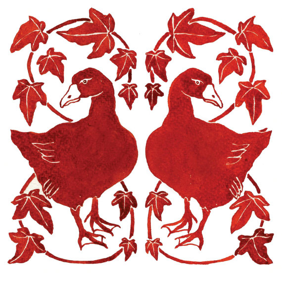 Goose and ivy Christmas card, red, watercolour