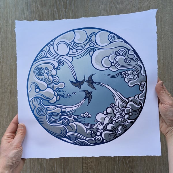 Cloud and Birds Original Lino-Print, Handmade Linocut Sky Art (28cm x 28cm)