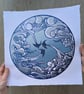 Cloud and Birds Original Lino-Print, Handmade Linocut Sky Art (28cm x 28cm)