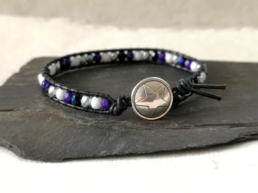 Asexual flag colours bead and leather bracelet with button fastener 