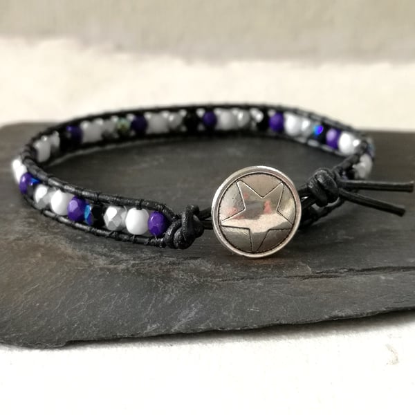Asexual flag colours bead and leather bracelet with button fastener 